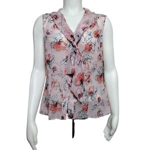 Tahari Arthur S. Levine Petite Floral Tie Neck Blouse Pink Ivory Blue PM